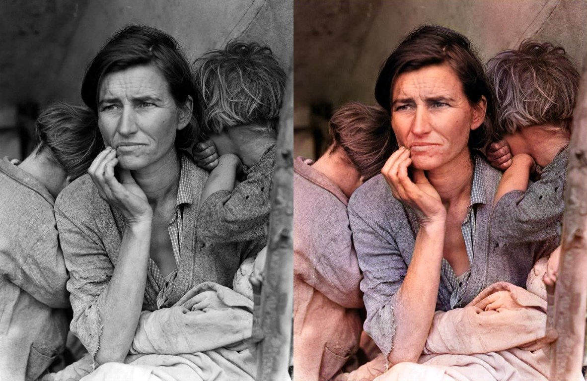 Migrant Mother by Dorothea Lange colored with DeOldify